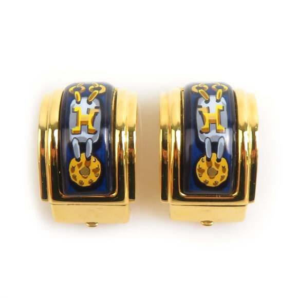Hermes Hermès cloisonné metal enamel earrings in gold and navy for women (e60...